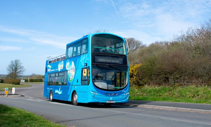 an open-top bus driving along a road
